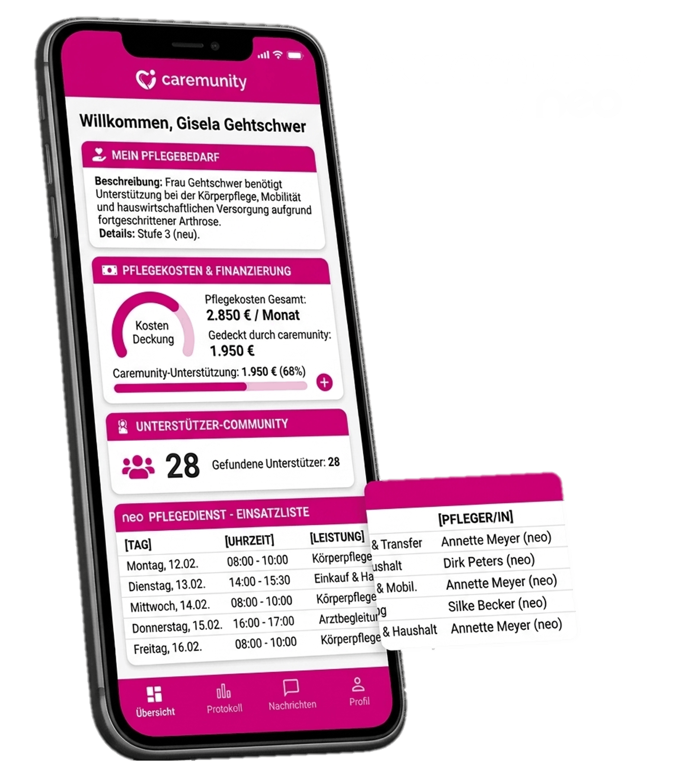 Dieses Bild zeigt die caremunity App ausgeführt auf einem Smartphone. Mit der App können Pflegebedürftige und Ihre Angehörige sehen, wieviel Geld durch spenden zusammengekommen ist bzw. sie sparen.